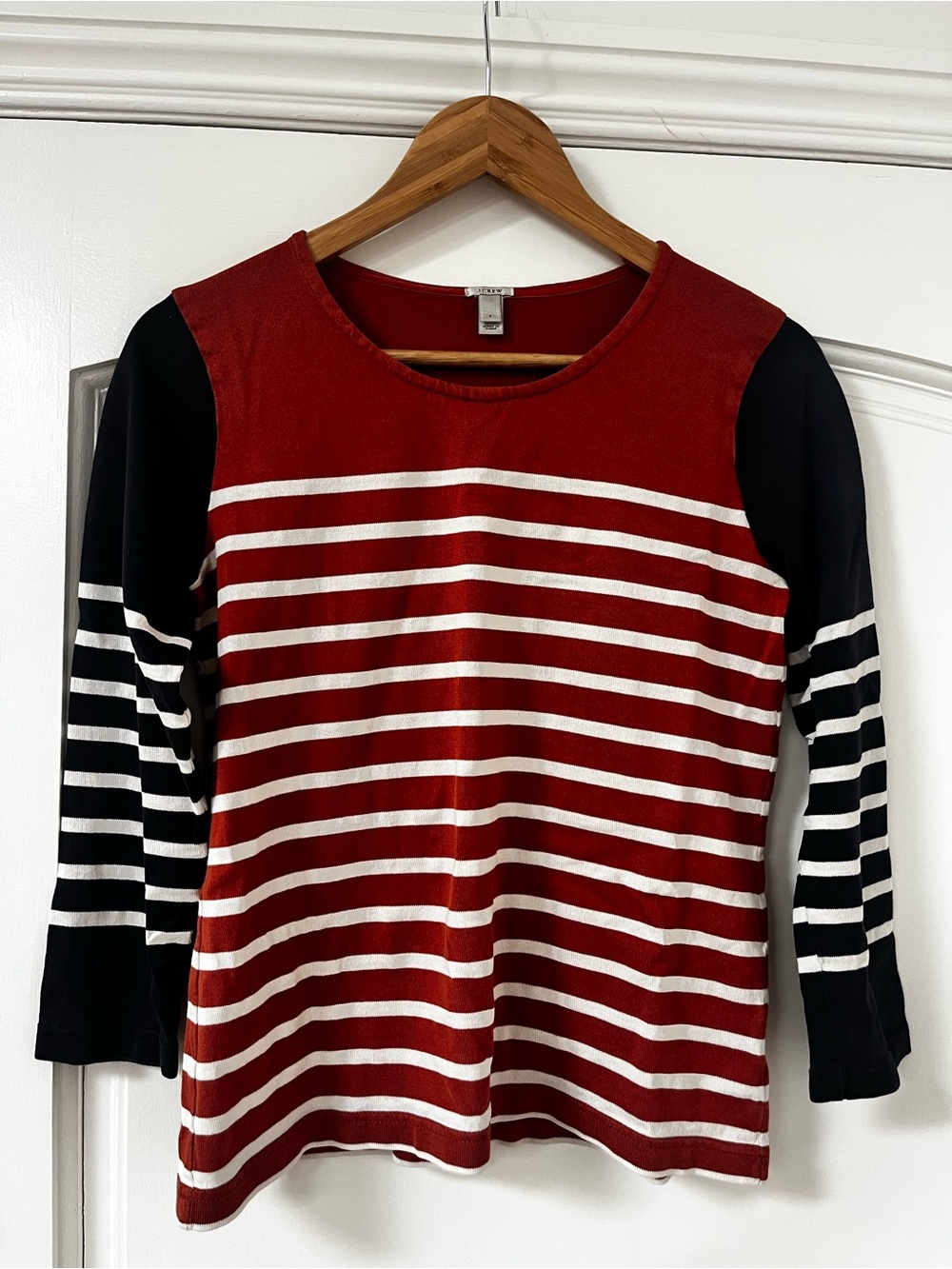 J. Crew Red, Orange Black and White Striped Long-Sleeve Tee